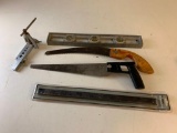 Lot of misc tools- Hand Saws, Level, Clamp and Magnetic Holder