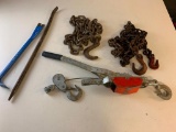 Lot of 2 Tow Chains, 2 Pry Bars and a Come Along