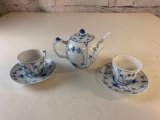Royal Copenhagen Blue Fluted full lace Set of 2 Cups & Saucers and Teapot