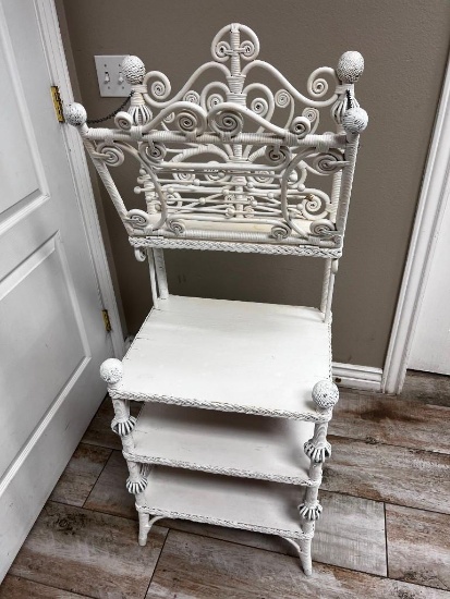 Antique White Wicker Shelving Unit with Magazine Rack