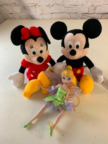 Walt Disney 90 Years Plush Mickey and Minnie NEW with tags and a porcelain Tinker Bell Figure