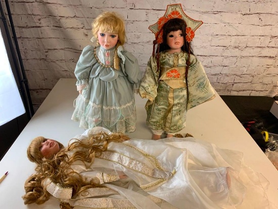 Lot of 3 Large Porcelain Dolls with 32" Bride Doll