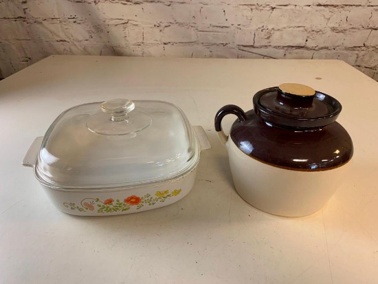Corning Ware Casserole Dish with lid and a Stoneware Jar