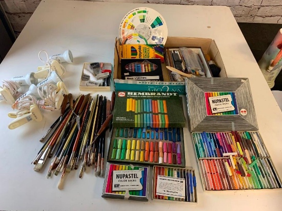 Lot of Artist Supplies- Color Sticks, Color Pencils, Paint Brushes, Clip on Lights and much more