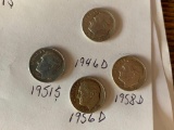 Lot of 4 Roosevelt Dimes 1956 D, 1958 D, 1951 S & 1946 D, 90% Silver