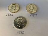 Lot of 3 B.U. 1956 P, 1957 P & 1958 P Franklin Half Dollar 90% Silver US Coin .