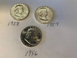 Lot of 3 B.U. 1956 P, 1957 P & 1958 P Franklin Half Dollar 90% Silver US Coin .