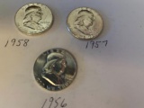 Lot of 3 B.U. 1956 P, 1957 P & 1958 P Franklin Half Dollar 90% Silver US Coin .