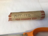 Roll of 50 Lincoln 1955-56 Wheat Pennies in circulated condition, see photo of crimped end to verify