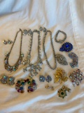 Lot of 17 Misc. Pieces of Rhinestone Jewelry (3 Necklaces, 7 Earring Pairs, 1 Bracelet, 6 Brooches)