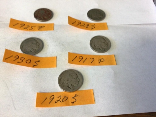 Lot of 5 Buffalos Nickels 1917 P, 1020 S, 1925 P, 1928 S & 1930 S