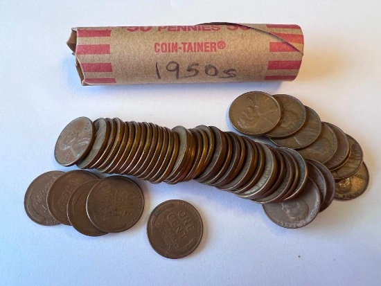 Roll of 50 1950s Wheat Pennies