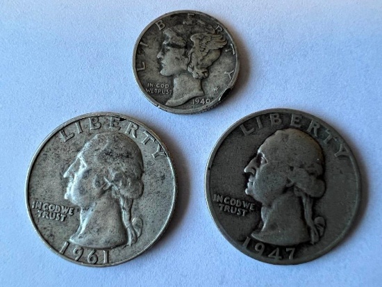 lot of 3 Silver Coins 1940 Mercury Dime and 1947-D 1961-D Washington Quarter 90% Silver