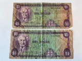 Lot of 2 One Dollar Jamaica Bills. Discoloration, bent corners and folds