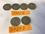 Lot of 6 Buffalos Nickels 2ea 1929 S & 4ea 1935 S