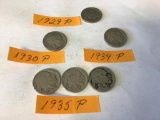 Lot of 6 Buffalos Nickels 3ea 1935 P, 1ea 1934 P, 1ea 1930 P & 1ea 1929 P