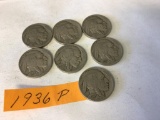 Lot of 7 Buffalos Nickels 1936 P