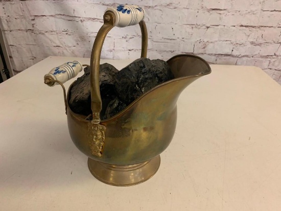 Vintage Brass Coal Scuttle Ash Bucket with Porcelain Handles full of Coal