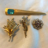 Lot of 4 Misc. Gold-Toned Costume Brooches with Various Accent Gems