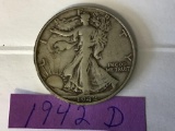 1942 D Walking Liberty US Half Dollar in circulated condition, 90% Silver