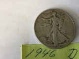 1946 D Walking Liberty US Half Dollar in circulated condition, 90% Silver