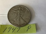 1947 P Walking Liberty US Half Dollar in circulated condition, 90% Silver