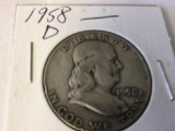 1958 D Franklin Half Dollar in circulated condition, 90% Silver