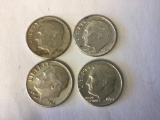 Lot of 4 Roosevelt circulated Dimes 1957 P, 1964 P and 2ea 1964 D, 90% Silver