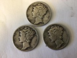 Lot of 3 Mercury Dimes, 1942 P, D & S in circulated condition 90% Silver