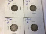 Lot of 4 Barber Dimes, 2ea 1906 P & 2ea 1907 P in circulated condition, 90% Silver