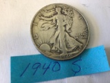 1940 S U.S. Walking Liberty Half Dollar in circulated condition, 90% Silver