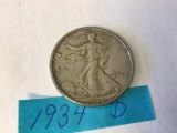 1934 D U.S. Walking Liberty Half Dollar in circulated condition, 90% Silver
