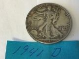 1941 D U.S. Walking Liberty Half Dollar in circulated condition, 90% Silver