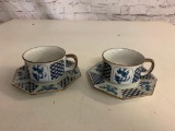 Lot of 2 Vintage Otagirl Stoneware Indigo Blue Floral Soup Bowl Coffee Mugs with Saucers