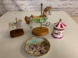 Lot of 2 Musical Carousel Horses Figurers, Container and Plate