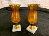 Lot of 2 Candle Holders with Amber Glass