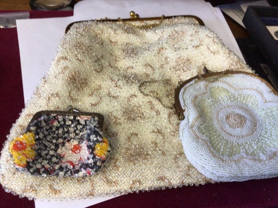 Beaded Hand Bag along with two beaded coin purses