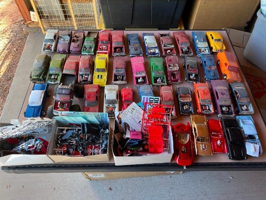 Lot of Vintage built Models Cars sold as large lot with loose pieces- Great for a man Cave
