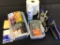 Large lot of office supplies along with flashlights and cleaning supplies