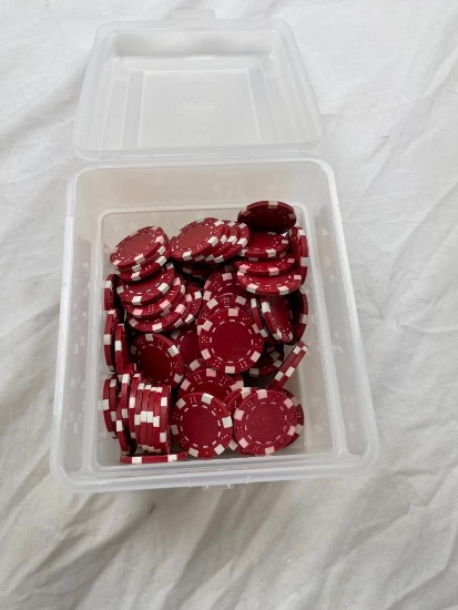 6x7 in. bin of red poker chips