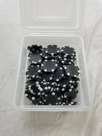 6x7 bin of black and white poker chips