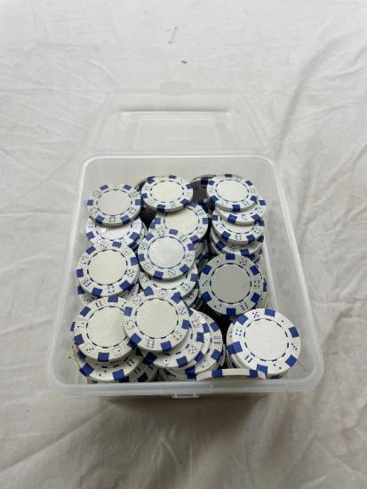 6x7 bin of blue and white poker chips