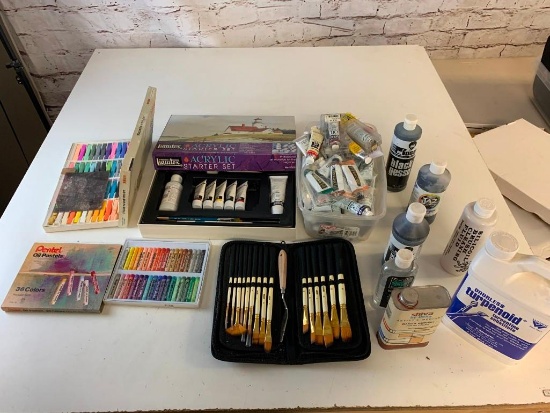 Large Lot of Artist Supplies- Paint, Oil Pastels, Acrylic, Brushes and more