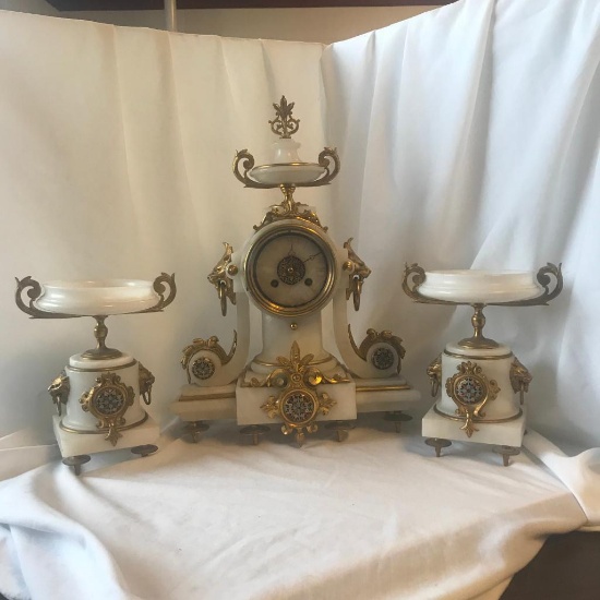 Rare Vintage, Ball Black and Co. Solid White Marble French Mantle Clock and Candleholders