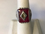 Silver Mens size 8 Ring with Red Stone, Ring is stamped Silver 10.63 g total weight