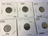 Lot of 6 Canadian Uncirculated 10 cent coins