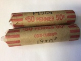 Lot of two 50 count rolls of mixed dates 1950?s Lincoln Wheat Pennies in circulated condition