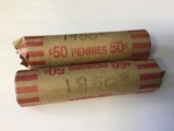 Lot of two 50 count rolls of mixed dates 1950?s Lincoln Wheat Pennies in circulated condition