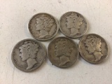 Lot of five Mercury Dimes 2ea 1945S, 1945 P, 1939 D & 1924 P, circulated condition, 90% Silver