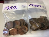 Lot of two 50 count bags of mixed dates 1950?s Lincoln Wheat Pennies in circulated condition